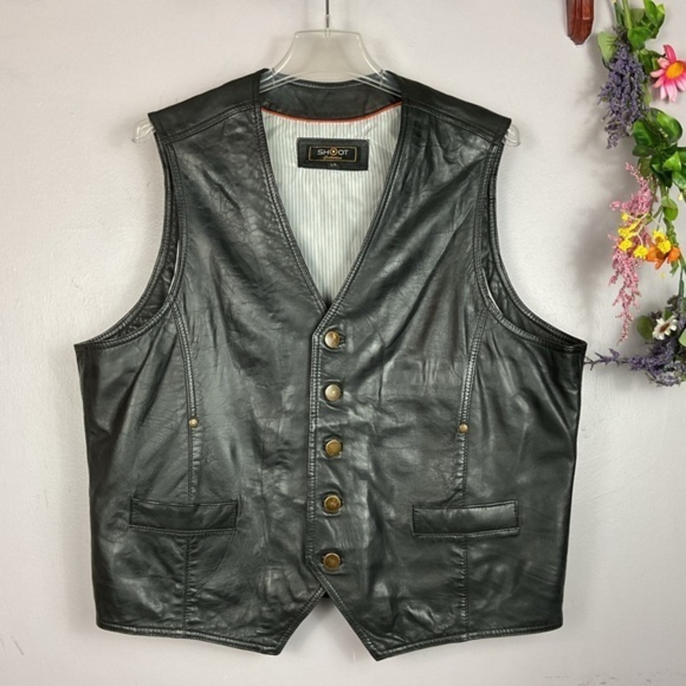 SHOOT COLLECTION Black Leather Biker Motorcycle Lined Vest Large